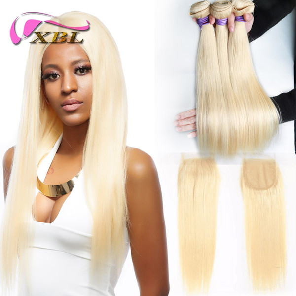 xblhair blonde bundles with closure virgin 3 bundles straight human hair extensions and one 4by4 top lace closure