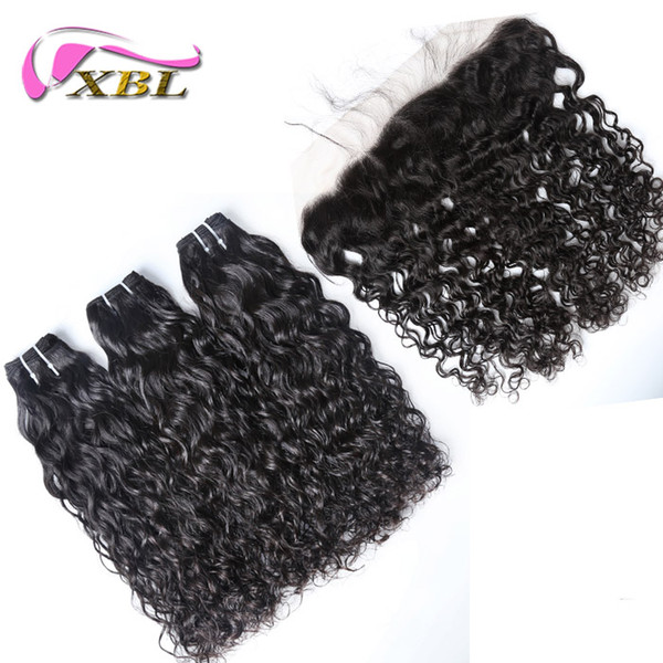 xblhair curly weave human hair remy water wave 3 bundles human hair extensions with one lace frontal