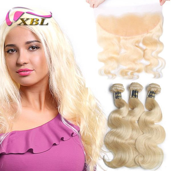 xblhair virgin brazilian body wave 613 blonde bundles with frontal 3 bundles human hair extensions and one lace frontal closure