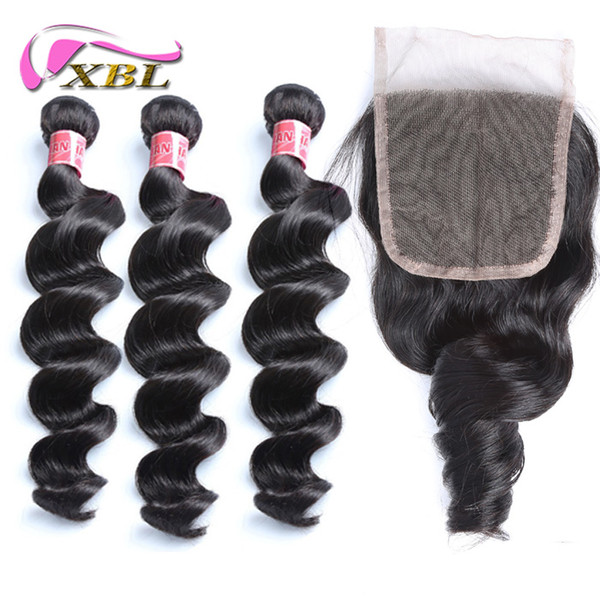 xblhair brazilian hair weave bundles with closure loose wave human hair bundles and 4by4 top lace closure