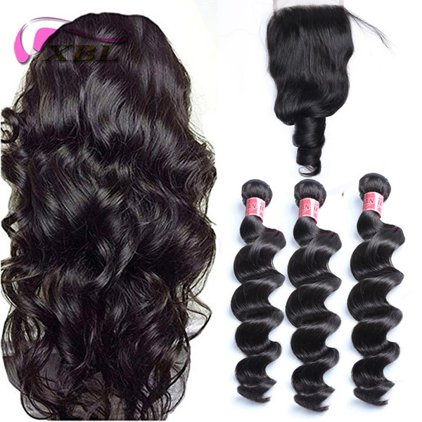 xblhair human hair bundles with closure different hair style loose wave human hair extensions within 4by4 top lace closure