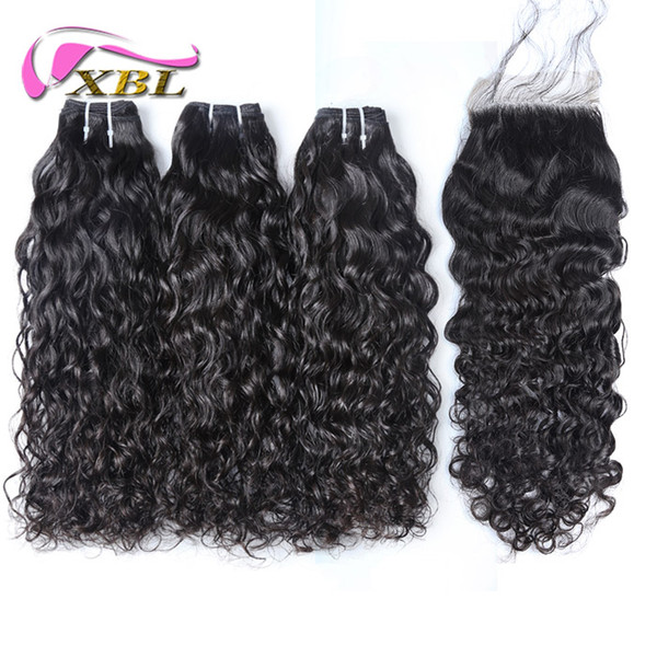 xblhair brazilian virgin hair bundles with closures virgin water wave bundles and free top lace closure