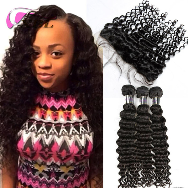 xblhair deep wave human hair extensions peruvian bundles with ear to ear closure( lace frontal 13*4.5)