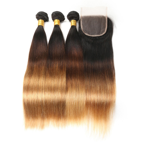 Ombre Peruvian Human Hair Bundles With Closure Three Tone 1B/4/27 Straight Hair Weave 3 Bundles With Lace Closure 4*4