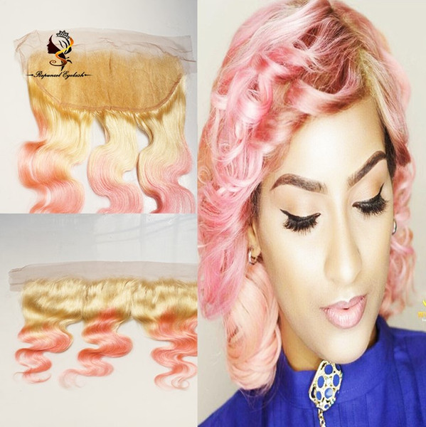 High Quality Cheap Brazilian Human Hair Body Wave Ombre 613 Pink Frontal And Bundles With Bleached Knots 13x4 Lace Frontal