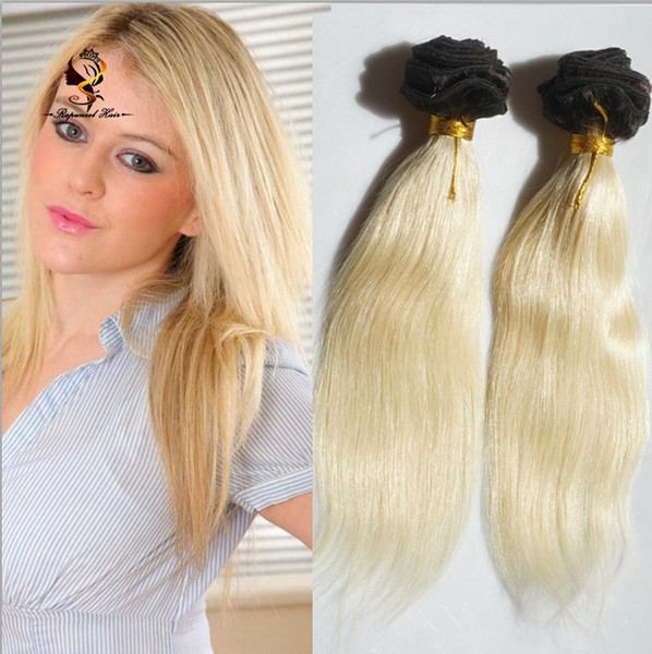 Cheap Cuticle aligned hair bundles Ombre #1B/613 Dark Roots Blonde Brazilian Remy Virgin Human Hair Extensions