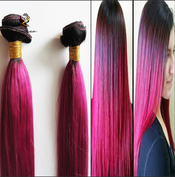 Cheap100% Unprocessed Human Hair 1B with Dark Pink Ombre Virgin Indian Remy Temple Hair Weaving Double Weft