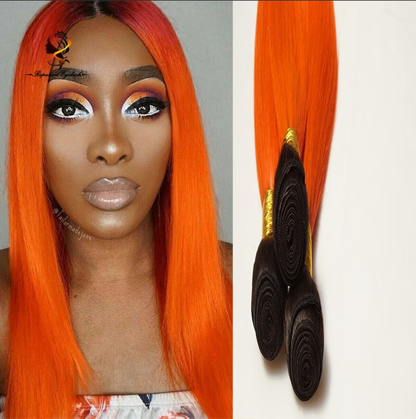 Brazilian Human Hair Weft 1b/orange ombre color hair bundles Wholesale Dark Root # 1B/orange straight Hair weave