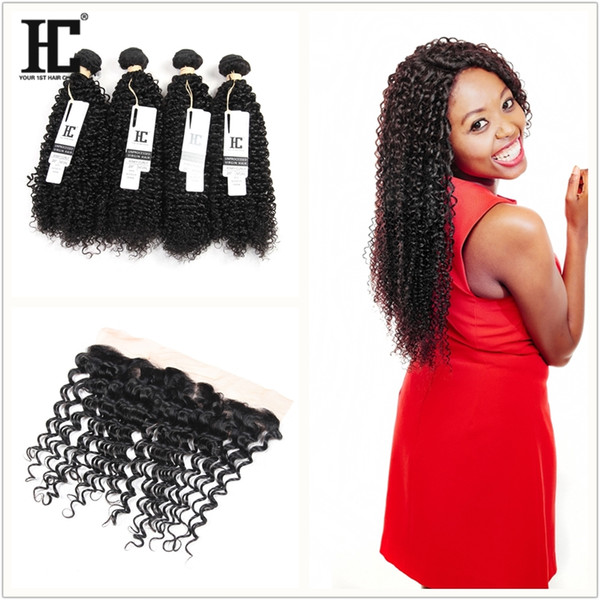 Peruvian Kinky Curly Wave Human Hair 4 Bundles With 13x4 Lace Frontal Closure With Human Hair Wefts Extensions Unprocessed Human Hair