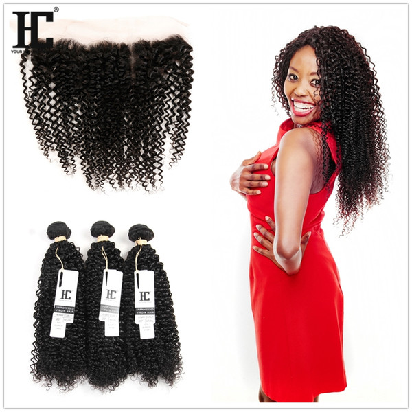 Peruvian Kinky Curly Human Hair 3 Bundles with 13x4 Lace Frontal Ear to Ear Head Natural Color Can be Dyed Unprocessed Human Hair