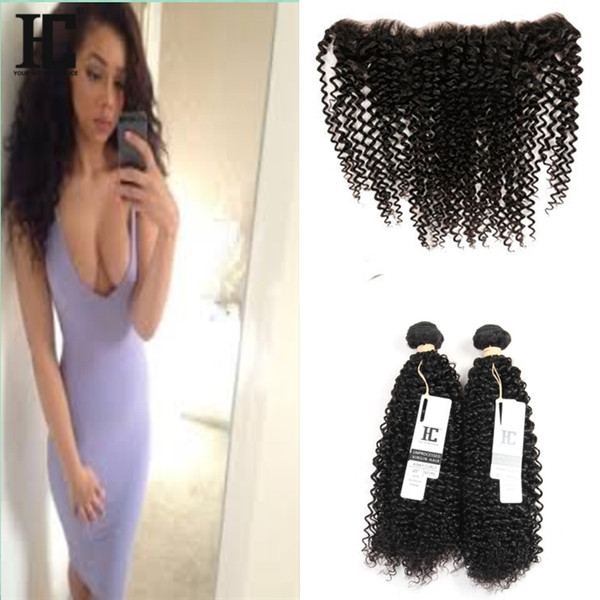 HC Hair Products Peruvian Virgin Hair kinky curly With Lace Frontal 2 Bundles With 13x4 Ear to Ear Lace Frontal Closure With Bundles