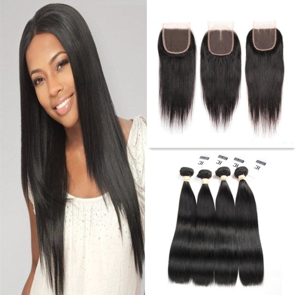 Brazilian Straight Hair 4 Bundles With Closure Brazilian Virgin Straight With Closure Unprocessed Brazilian Human Hair Weave Extensions