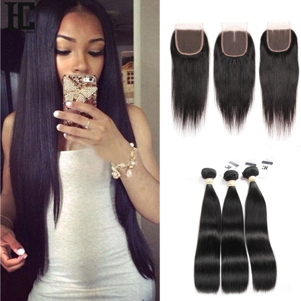 Brazilian Virgin Hair With Closure 3 Bundles Brazilian Straight Human Hair With Closure Unprocessed Brazilian Straight Human Hair Weaves