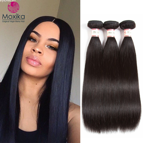 Moxika Brazilian Straight Virgin Hair 3 Bundles Natural Color Unprocessed Remy Human Hair Weave Bundles 8-28 Inches