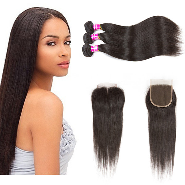 8A Brazilian Straight Virgin Hair 3 Bundles With Lace Closure 100% Unprocessed Human Hair Weaves Bundles with Frontal Accessories Hair Weft