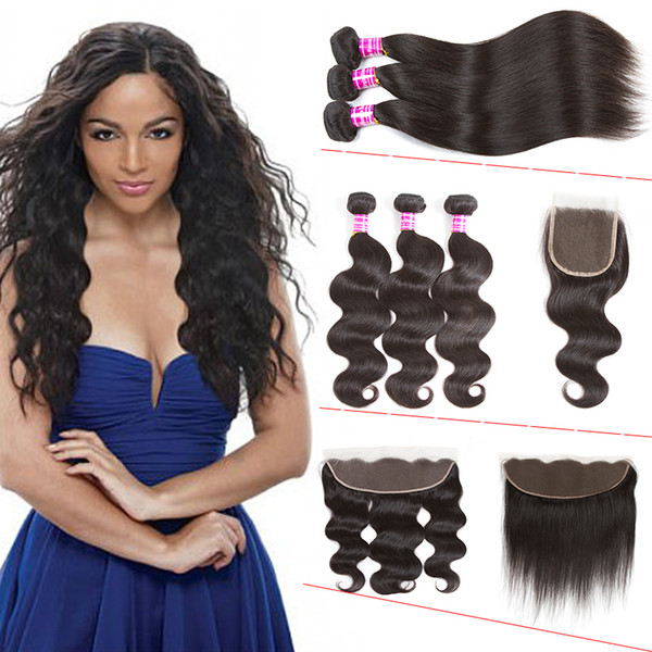 Unprocessed Brazilian Straight Virgin Hair 3 Bundles With Lace Closure Body Wave Human Hair Weaves Bundles with Frontal Hair Weft Extensions