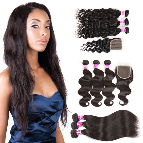 Brazilian Kinky Curly Deep Wave Silky Straight Body Wave Virgin Hair 3 Bundles With Lace Closure Unprocessed Human Hair Bundles with Frontal