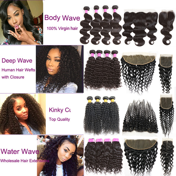 Mink Brazilian Deep Wave Virgin Hair Bundles with Closure Body Wave Human Hair Weaves and Frontal Closure 4pcs Mix Texture Wet and Wavy Hair