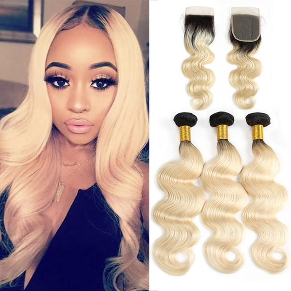 Wewill Brazilian Human Hair Weave Body Wave Bundles with Closure 1B 613 Ombre Virgin Hair Bundles with Lace Closure Remy Hair Extensions