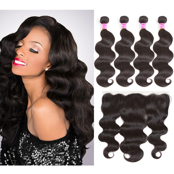 Peruvian Virgin Hair Body Wave Human Hair Bundle Lace Closure 4 Bundles with Body Weave Closure 13x4 Frontal Hot Sale For Black Women