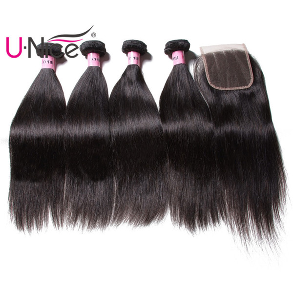 UNice Icenu Remy Hair Series Peruvian Straight Hair 4 Bundles With Lace Closure Brazilian Human Hair Extensions Bundles With Closure Bulk