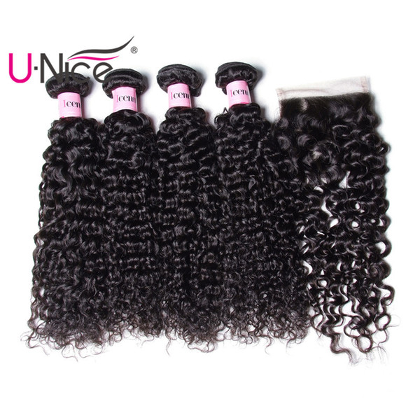 UNice Icenu Remy Hair Series Brazilian Kinky Curly Human Hair 4 Bundles With Lace Closure Peruvian Hair Extensions Weave Closure Bulk Cheap