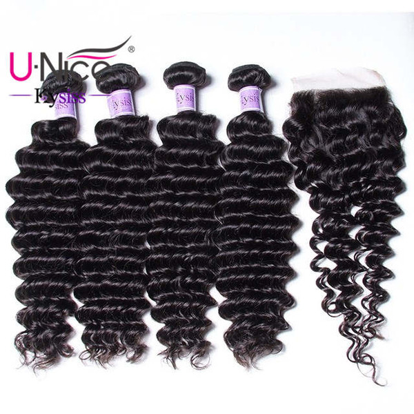 UNice Hair Kysiss Virgin Series Brazilian Deep Wave Hair 4 Bundles With Lace Closure Malaysian Human Hair Extensions Weave Bundles Bulk