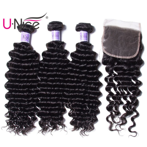 UNice Hair Kysiss Virgin Series Brazilian Deep Wave 3 Bundles With Lace Closure Human Hair Extensions Weave Bundles With Closure Wholesale