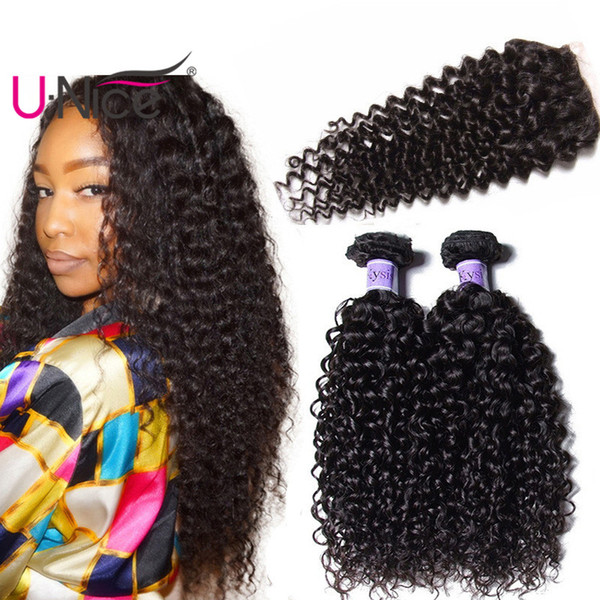 UNice Hair Kysiss Virgin Series Peruvian Kinky Curly Human Hair 3 Bundles With Closure 100% Human Hair Extensions Weave Closure Wholesale