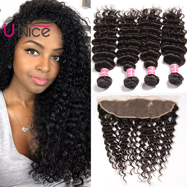 UNice Hair Grade 8a Virgin Brazilian Deep Wave Bundles With Frontal Human Hair Frontal With Bundle Remy Deep Wave Bundles And Frontal