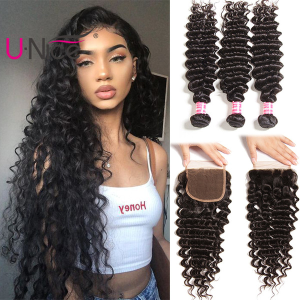 UNice Hair Virgin Brazilian Deep Wave Human Hair Bundles With Closure 4 Bundles With Lace Closure Cuticle Aligned Deep Bundles With Closure