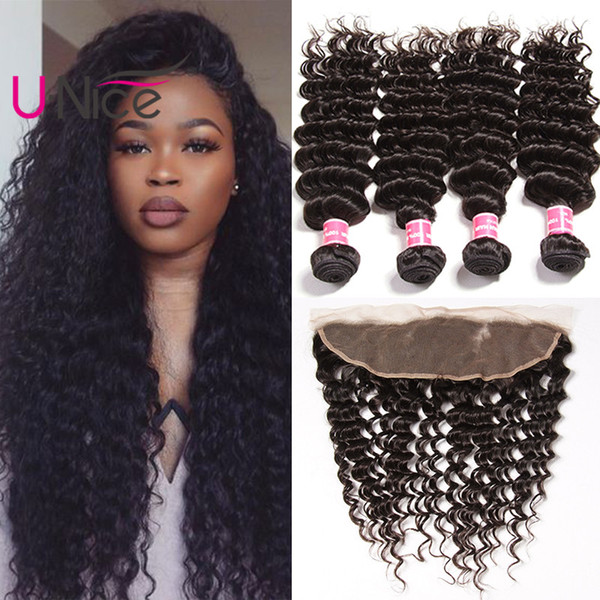 UNice Hair Malaysian Deep Wave Bundles With Frontal Virgin Cuticle Aligned Human Hair Frontal With Bundle Remy Deep Wave Bundles And Frontal