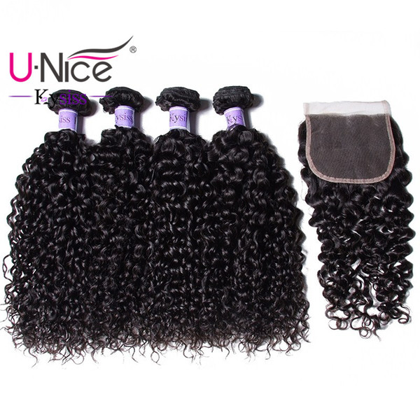 UNice Hair Kysiss Virgin Series Brazilian Kinky Curly Hair 4 Bundles With Lace Closure Peruvian Human Hair Extensions Weave Closure Bulk