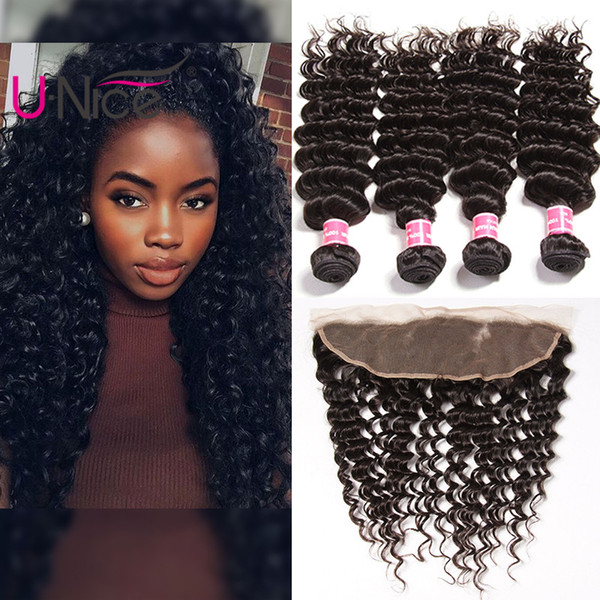 UNice Hair Indian Deep Wave Bundles With Frontal Virgin Cuticle Aligned Human Hair Frontal With Bundles Remy Deep Wave Bundles And Frontal