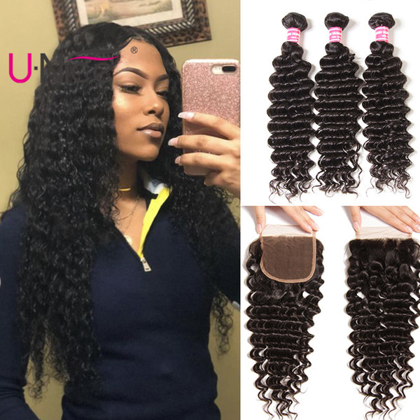 UNice Hair 8a Virgin Indian Deep Wave Bundles With Closure 4 Bundles With Lace Closure Cuticle Aligned Human Hair Deep Wave With Closure