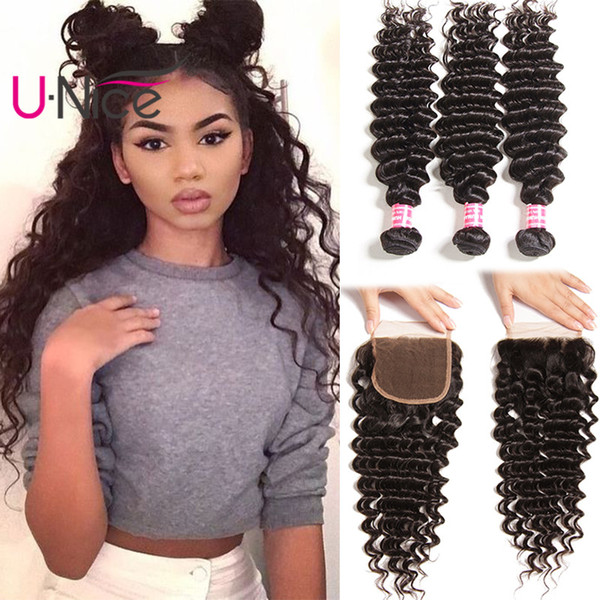 UNice Hair Virgin Peruvian Deep Wave Human Hair Bundles With Closure 4 Bundles With Lace Closure Cuticle Aligned Hair Deep Wave With Closure