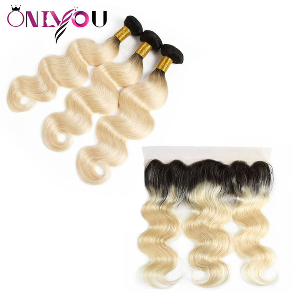 1B 613 Ombre Body Wave Human Hair Bundles with 13*4 Lace Frontal Ear to Ear Brazilian Peruvian Indian Virgin Remy Hair Weaves Extensions