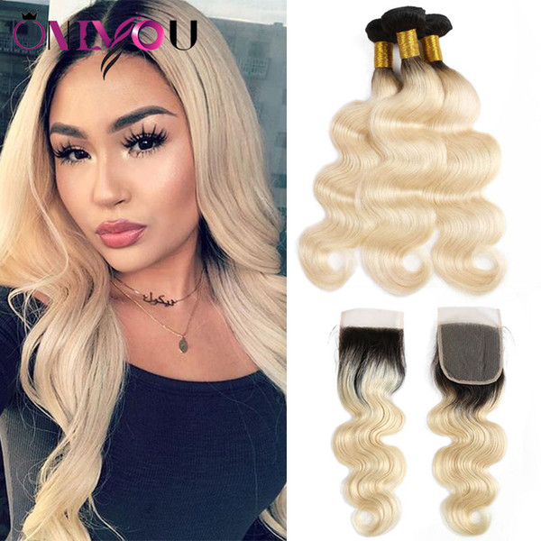 Onlyou Hair® Brazilian Virgin Straight 1B 613 Ombre Human Hair Bundles with Lace Closure Peruvian Body Wave 613 Blonde Bundles with Frontal