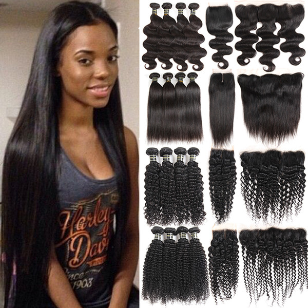 8A Brazilian Straight Virgin Hair 4 Bundles Onlyou Human Hair Weave Peruvian Body Wave Water Deep Curly with 4*4 Weaves Closure Frontal