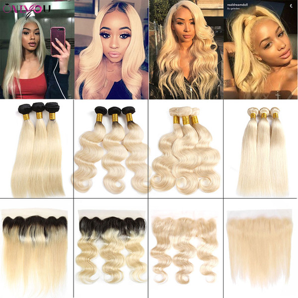 1B 613 Body Wave Two Tone Ombre Human Hair Bundles with 13*4 Lace Frontal 613 Blonde Brazilian Virgin Remy Human Hair Weaves Closure