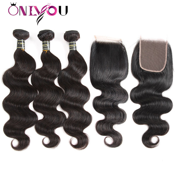 Raw Virgin Indian Hair Extensions Body Wave Human Hair Bundles with Closure Cheap Brazilian Body Wave Weave 3 Bundles with 4x4 Lace Closure