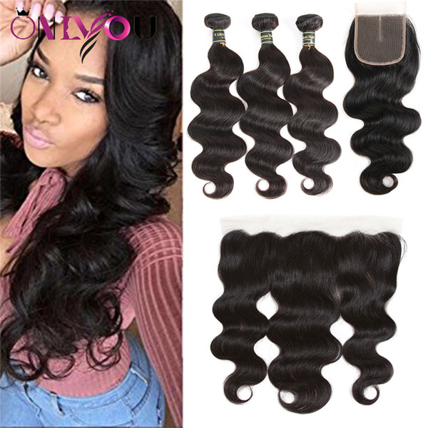 Brazilian Peruvian Virgin Human Hair Bundles with Closure Cheap Hair Extensions Deep Body Water Wave Kinky Curly Hair Lace Frontal Bundles