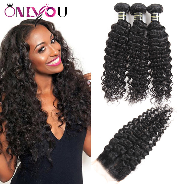 Brazilian Deep Wave With Closure Hair Bundles With 4x4 Closure 3 Bundles Brazilian Virgin Hair With Closure Unprocessed Human Hair Weaves