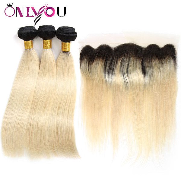 1B 613 Ombre Straight Human Hair Bundles with 13*4 Lace Frontal Ear to Ear Brazilian Peruvian Indian Virgin Remy Hair Weaves Bundles Deal