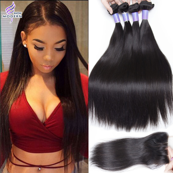 Modern Show Brazilian Straight Hair 3 Bundles with Lace closure Remy Brazilian Virgin Hair Straight Human Hair Weaves Natural Black 1B