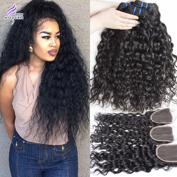 Wet and Wavy Brazilian Virgin Hair Bundles with Lace Closure Brazilian Water Wave Human Hair Weave Peruvian Hair 3 Bundles with Closure