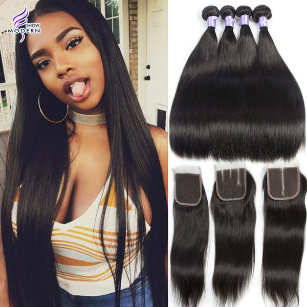 Brazilian Straight Virgin Hair 4 Bundles with Closure Brazilian Human Hair Weave Bundles with Closure Straight Peruvian Hair Extensions