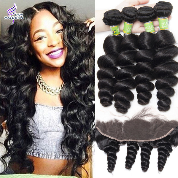 Brazilian Loose Wave Human Hair Weave 4 Bundles with Lace Frontal Pre Plucked Lace Frontal Closure with Bundles Brazilian Virgin Hair Weave