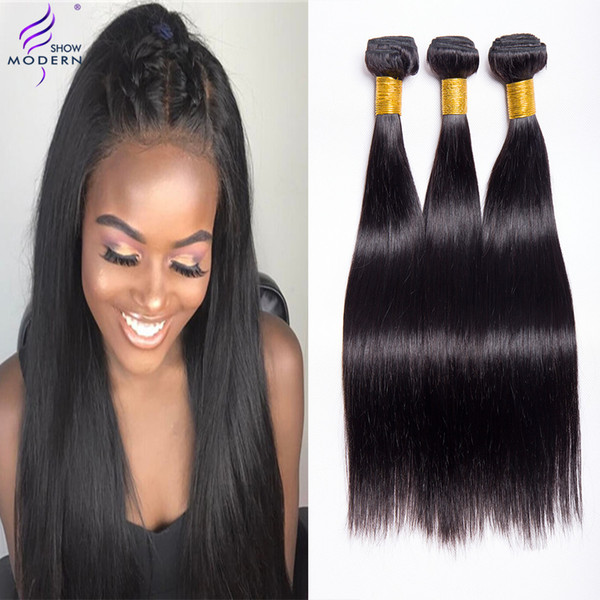 Brazilian Human Hair Weave 3 Bundles with Frontal Closure Straight Virgin Hair Weave Bundles Extensions Natural Color