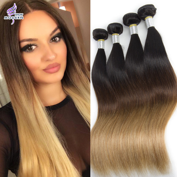 Brazilian Remy Human Hair Weave Straight Ombre Human Hair Bundle 10-28 Inch Modern Show Brazilian Straight Hair 4 Bundles 1B/4/27 Color